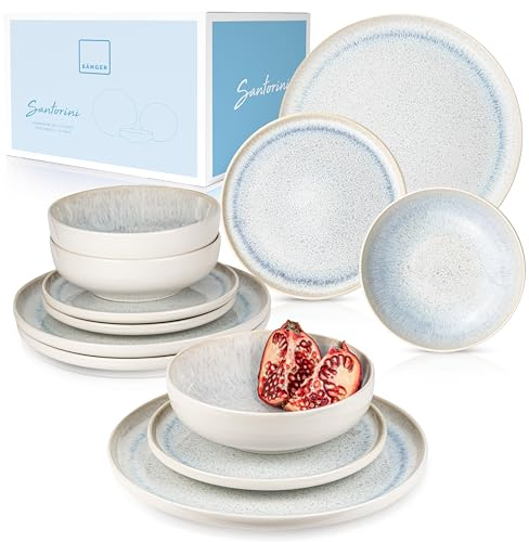 SÄNGER | Tafelservice Santorini 12 tlg, Teller Set 4 Personen TEST SEHR GUT, Steingut Geschirr Set inkl. Speise- Dessertteller & Tiefe Teller Creme mit Flieder Blauem Verlauf | PREMIUM COLLECTION