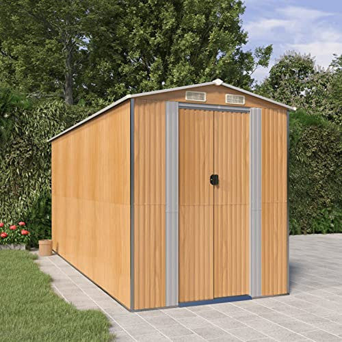 ZEYUAN Geräteschuppen, Gerätehaus, Fahrradgarage, Gartenhütte, Fahrradunterstand, Gartenhäuschen, Garten Hütte, Fahrrad Unterstand, Hellbraun 192x440x223 cm Verzinkter Stahl