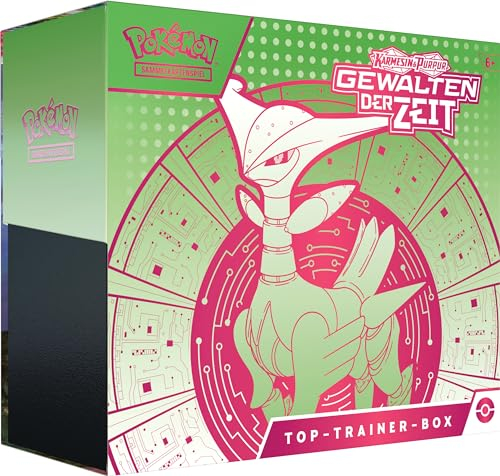 Pokémon Sammelkartenspiel Top-Trainer-Box Karmesin & Purpur – Gewalten der Zeit: Eisenblatt (1 holografische Vollbild-Promokarte mit Eisendorn, 9 Boosterpacks & Premium-Zubehör)