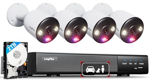 LongPlus Smart 4K 8CH Home Security Camera System, 4Pcs Wired PoE IP Cameras System Outdoor with Person/Vehicle Detection, 12MP 8CH NVR with 2TB HDD for 24-7 Recording, LP8ME84B1