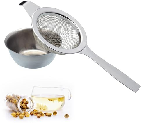 Tea Filter, Stainless Steel Tea Fine Mesh Strainer with Drip Bowl, Cooking Sieve Loose Leaf Tea sieves and strainers with Non Slip Handle for Sifting Dry Ingredients, Flour, Pastas, Rice, Tea