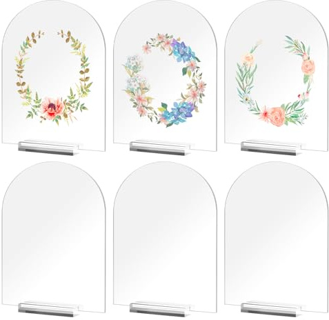 DRERIO 6er Bogen-Acryl-Schilder für Tischnummern – Hochzeit & Party | Transparente Acryl-Tischkarten mit Sockel, gewölbt – für Namensschilder, Platzhalter & Deko, wiederverwendbar