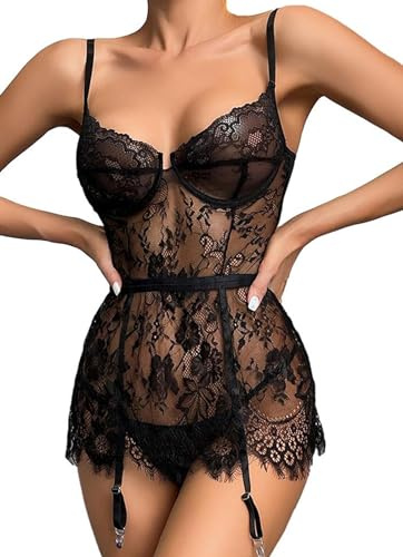 MIZSPISE Nuisette Sexy en Dentelle Transparente Lingerie Femme Ensemble Porte Jarretelle Chemise de Nuit Courte Robe de Nuit avec String Babydoll Combinaison Blanc/Noir (Noir, Taille Unique)