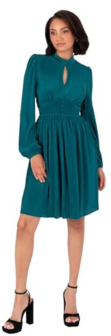 Lovedrobe Women's Mini Dress Ladies Long Balloon Sleeve High Neck Keyhole Detail Fit And Flare Plissé Cocktail Evening Occasion Vestito, Teal Green, 50 Donna