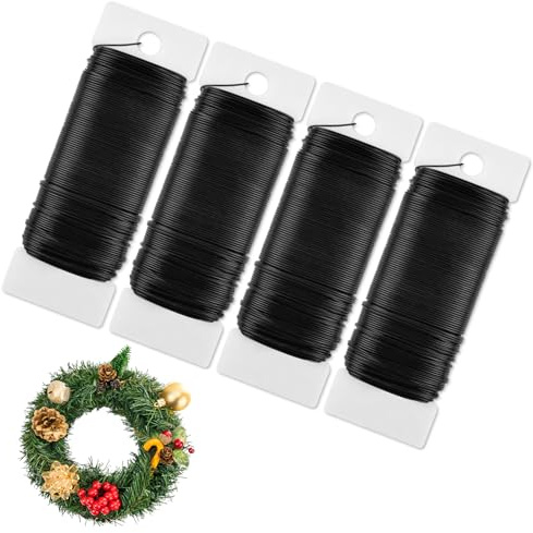 AUAUY Lot de 4 Fil Floral en Fer pour Bricolage, 0,7 mm x 35 m de Fil Artisanal, Fil Floral pour DIY Fabrication de Bijoux, Bouquet Fleurs, Enroulement Couronne, Noël Décoration, Noir