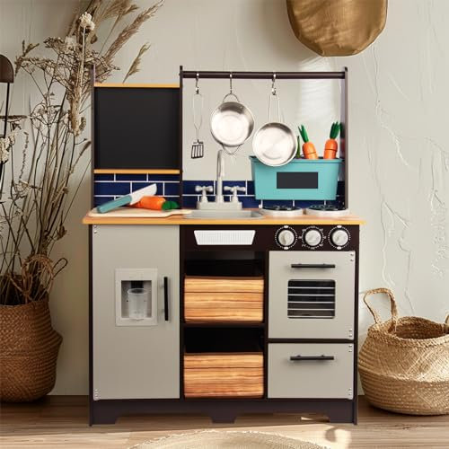 Cuisine boueuse pour enfants - Cuisine de jeu d'extérieur avec roues, bouilloire, évier, récipient pour plantes en bois, cuisine pour enfants