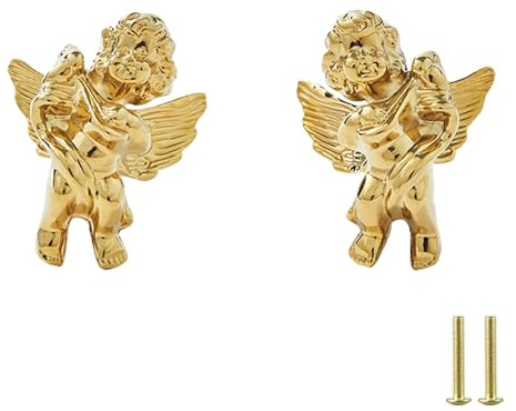 PIYYQNY Schrank-Griffe 2 Stück Türgriff Aus Messing Mit Engelsmotiv Einlochgriff Für Schuhschränke Aus Goldenem Messing Schubladengriff Aus Reinem Kupfer(60mm Lang Paar)