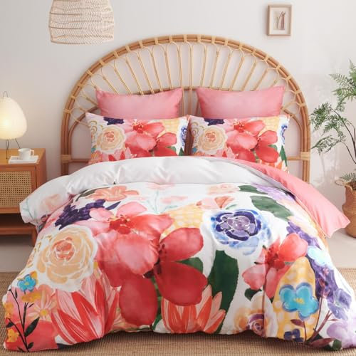 Lanqinglv Bettwäsche 220x240 Rot Bunt Blumenmuster Wende Bettwäsche Set Bohemian Boho Stil,Bettbezug mit Reißverschluss und 2 Kissenbezug 80x80,ÖkoTex Bettwäsche für Allergiker Geeignet