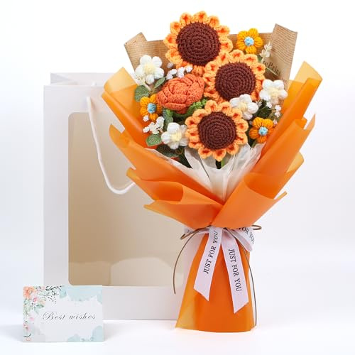 EZsenses Fiori all'uncinetto fatti a mano - Bouquet di fiori all'uncinetto completato per decorazioni casa, festa della mamma, matrimonio - Fiori artificiali lavorati a maglia, girasole - Elegante