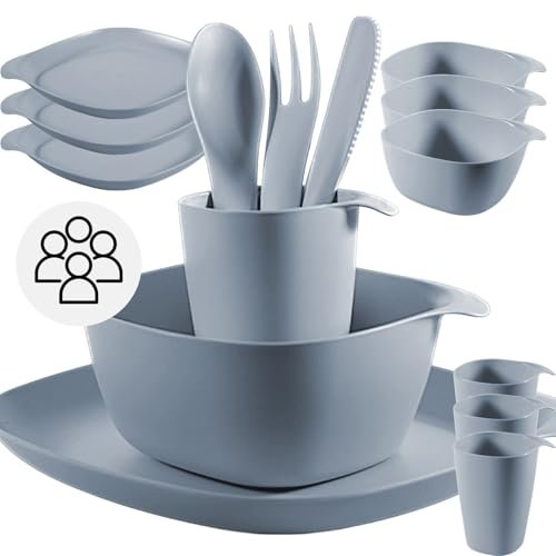 CALIPSO Set di stoviglie da campeggio per 4 persone | stoviglie in plastica infrangibili, set da 12 pezzi da campeggio, stoviglie per giardino, stoviglie in plastica con piatto, ciotola, tazza e