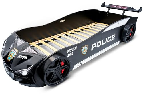 MARQA Kinderbett |Autobett | Jugendbett 90x200 | Rennwagenbett |Polizeiautobett inkl.Rollrost (ohne Matratze, Schwarz babybett)