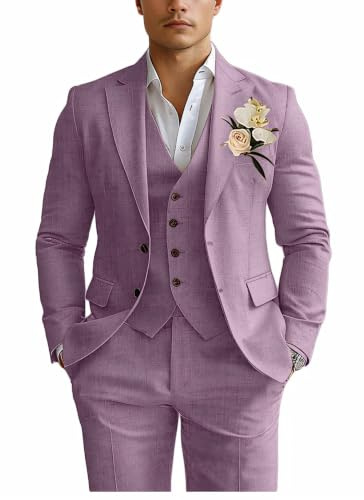 Costume de smoking 3 pièces en lin pour homme - Coupe ajustée - Pour la plage, les mariages, les affaires, le marié et le bal