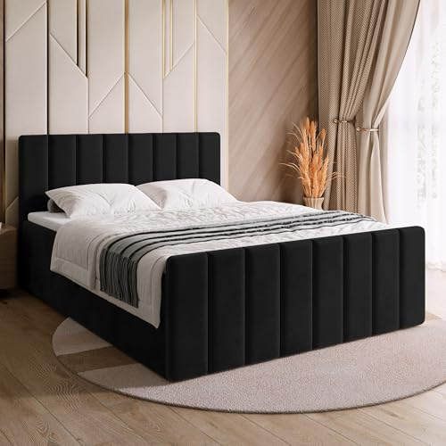 BROMARKT Boxspringbett mit Matratze 160x200cm Bett mit Topper Schwarz | Polsterbett mit Bettkasten Doppelbett mit Stauraum für Schlafzimmer gepolsterte Kopfteil Bed Bonell H3 DENVER DUO