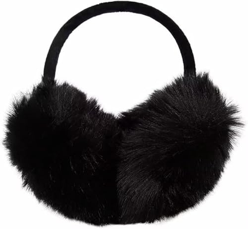Glanzend Winter Women Ear Muffs, Foldable Faux Fur Ear Warmers, Windproof Plush Fluffy Earmuffs for Ladies & Girls, Soft Thermal Ear Covers for Outdoor Sports Running Cycling, Black