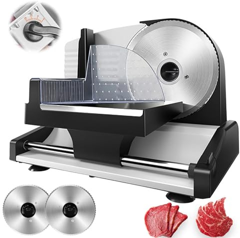 SUNBGRPYE Rebanadora EléCtrica De 200W (Ajuste De Grosor De 0 A 15), Cortadora De Carne DoméStica, con 2 Cuchillas ExtraíBles De 190mm Y Bloqueo De Seguridad, para Carne, JamóN, Queso Y Pan. Black