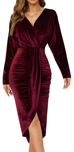 NiPaMi Women's V Neck Batwing Long Sleeve Ruched Dress Sexy Velvet Cocktail Party Evening Club Midi Dresses(Wine,L)