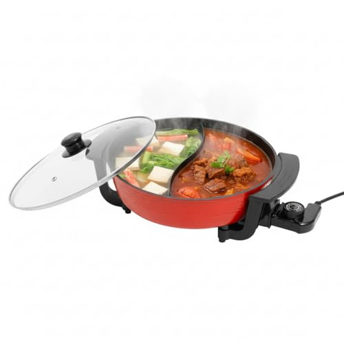 Elektrischer Hot Pot 6L Doppelkammer Topf 1360W, Yin Yang Kochtopf mit Antihaftbeschichtung, Temperaturregelung, für Familienfeiern, Restaurants, Camping, 3-4 Personen