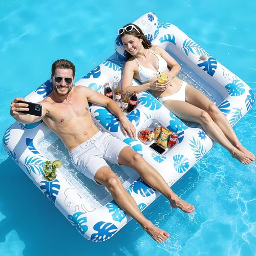 JONRRYIN Luftmatratze Pool, Doppelte Deluxe Luftmatratze Wasser Erwachsene, Groß Solarium Tanning Pool Matratze mit Kissen Praktischem Ablageplatz für Wasser Party Strand Sommerspaß