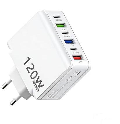 120 W snabb USB-laddare, 6-portars snabbladdare (3 USB A + 3 PD), bärbar 120 W multiport snabbladdningsenhet för surfplatta, Android-telefon