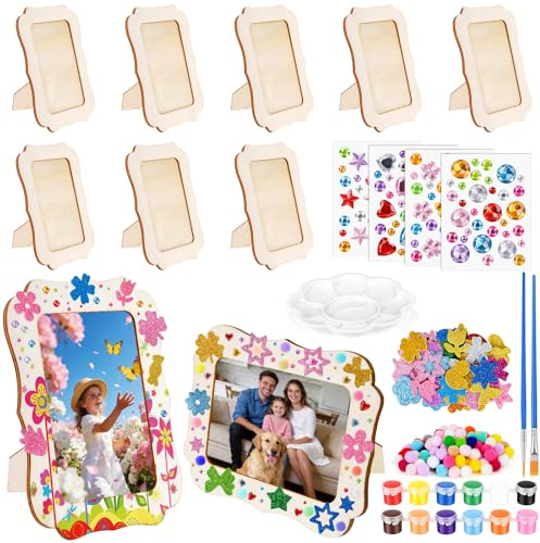 Meetory Juego de 8 Marcos de Madera para Fotos - 14x19 cm Kit de Manualidades Completo con Pegatinas 3D y Strass Vertical Horizontal Personalizable para aniversarios, cumpleaños