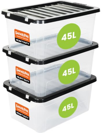 SAFARIPAK 3 x 45 Litre Stackable Clear Plastic Storage Boxes with Lids, Clip-Lock Lid, Sturdy Space Saving Nestable Box, Lidded Containers for Home, Kitchen, Moving, Garage, Office & Organisation