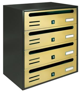 ALUBOX CUBO Briefkastenanlage 4 Fächer 43x38,5x25 cm aus Verzinktem Blech Horizontale Briefkastenanlage für Innen- und Geschützten Außenbereich (Anthrazit mit goldenen Türen)