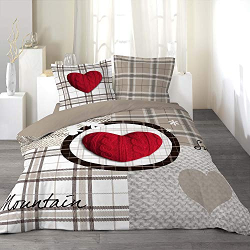 Douceur d'Intérieur, Parure de Lit 3 Pièces (240 x 220 cm) Love Mountain Naturel, 100% Coton