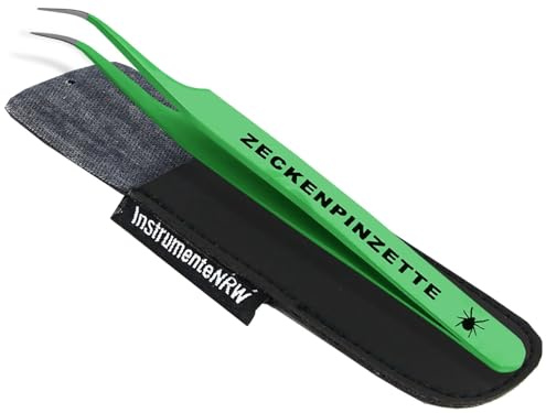 InstrumenteNrw Grüne Zeckenzange Zeckenpinzette für Hunde mit Etui 11,5 cm | Katzen Zeckenentferner Edelstahl Rostfrei Pinzette mit gebogener Spitze für die Zeckenentfernung bei Haustieren