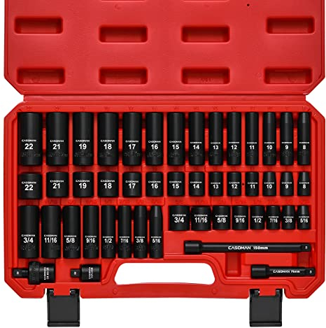 CASOMAN 3/8 Drive Impact Socket Set, 49 Piece Standard SAE and Metric Sizes (5/16-Inch to 3/4-Inch and 8-22 mm), 6 Point, Cr-V Steel Socket Set