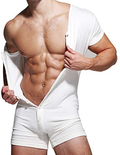 Herren Unterwäsche Kurzarm Strampler Overall Henley Jumpsuit Cotton Ramper | Stretchy Cotton Ramper,Onesie erwachsene,Henley Pyjama,Strampler Union Suit,Nachtwäsche Unterwäsche,Set sexy heißen