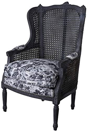 Antik Ohrensessel Toile de jouy Schwarz Sessel Shabby Chic Brocante Stuhl gepolster Holz Armlehnstuhl Rückenlehne cat0678i63 Palazzo Exklusiv