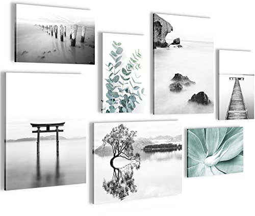Novart Wandbilder Asien - KOMPLETT AUFHÄNGFERTIG - Zen See Wohnzimmer Schlafzimmer - 7 Moderne Mood-Bilder - N004471a