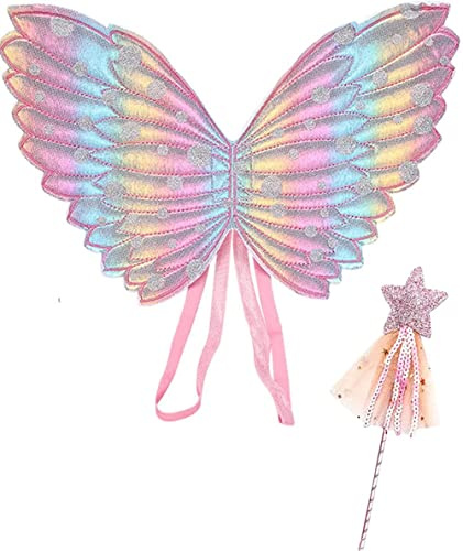 Miss-shop Ali di Farfalla per Bambini,Farfalla Fata Ali 2 PCS Ali da Fata con Bacchetta Magica per Accessori Ragazze Costume Natale Cosplay Fornitura Feste Compleanno