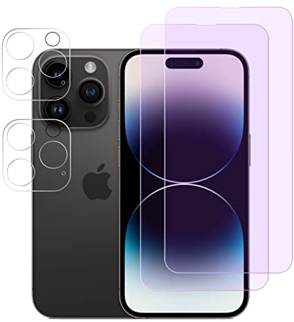 FiiMoo Vetro Temperato Compatibile with iPhone 14 Pro, Protezione Schermo, Anti Luce Blu Pellicola Protettiva + Pellicola Protettiva Fotocamera [2+2 Pezzi] [Protezione degli Occhi] [Anti Bluelight]