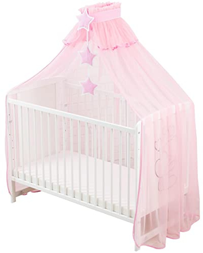 Bello24 - Babybett Betthimmel und Moskitonetz Traumnacht in fantastischen Farben Waschmaschinenfest inkl. Halterung und Accessoires 480 x 165 cm (Rosa)