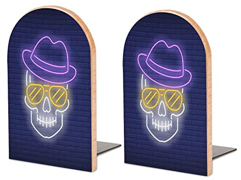 Packung Mit 2 Buchstützen Totenkopf Kopf Hut Sonnenbrille Rutschfester Bücherständer Aus Holz Bücherregal Bücherhalter Für Home Desk Office Library