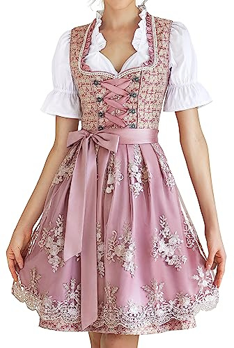 EIISSION Dirndl Damen Midi Trachtenkleid inkl. Trachtenrock Dirndlbluse Dirndlschürze für Oktoberfest Pink