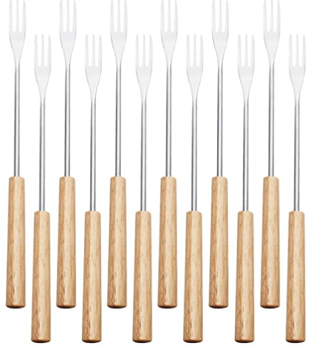 CALLARON 12 Pcs Stainless Steel Fondue Forks Wooden Handle Chocolate Fork Fondue Tools Cheese Fondue Forks Chocolate Dipping Fork for Chocolate Fountain Cheese Fondue Forks Accessories