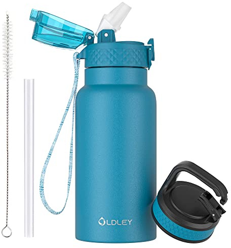 Oldley Botella Agua Aislada Acero Inoxidable para Niños 500ml/17oz con Pajita Metal Doble Pared al Vacío a Prueba Fugas Reutilizable Pequeña Botella con 2 Tapas Diferentes Bebidas Frías Calientes