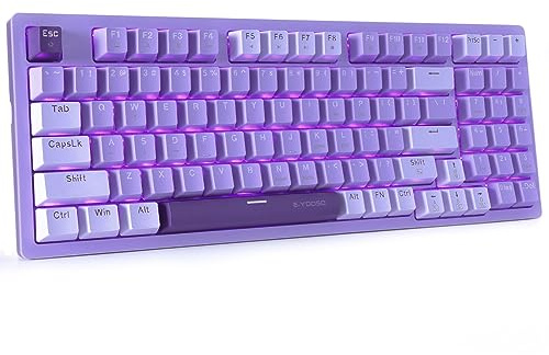 HUO JI Tastiera meccanica da gioco compatta con blocco numerico, retroilluminato a LED viola, interruttore rosso, cavo staccabile di tipo C, 94 tasti per PC/computer/laptop, viola e bianco