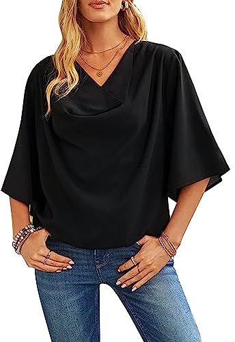 Tee Shirt Femme Col V Chiffon Blouse Femme Manches Evasées Chemisiers et Blouses Femme Décontracté Tunique Loose Haut Elégants Top D'été Chemise de Chic de Couleur Unie