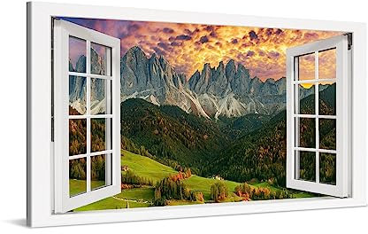 PICANOVA – Leinwandbild 100x50cm Bergtal Sonnenuntergang Fenster – Leinwanddruck – Wandbild Kunstdruck Auf 2cm Holz-Keilrahmen Für Schlaf- Und Wohnzimmer Wanddekoration – Bild auf Leinwand
