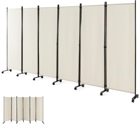 GOPLUS 6-delad tygrumsavdelare med rullar, 172 cm högt insynsskydd med metallram, paravent skiljevägg för vardagsrum och matsal (vit)