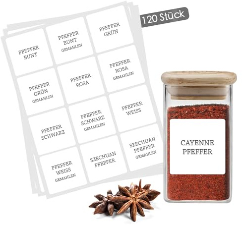 Gewürzetiketten Selbstklebend – 120 Sticker für Gewürzgläser & Gewürzdosen - Wasserfeste Gewürzaufkleber - Spice Jar Label - Beschriftete Etiketten für Küchenorganisation - Quadratisch Weiß