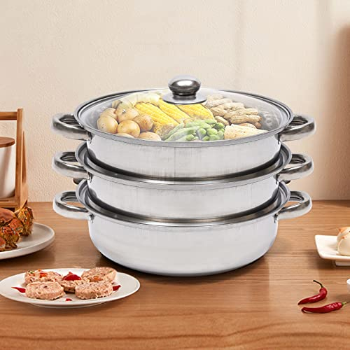 Edelstahl Dampfkocher Set 3 Etage 28cm, Edelstahl Dampfgarer Topf Kochtopf mit Glasabdeckung für Gas Elektro und Festbrennstofföfen