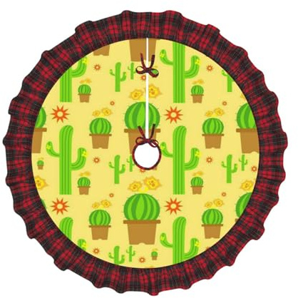Jupe de sapin de Noël cactus jaune - 122 cm - Tissu imitation lin - Décorations de sapin de Noël pour vacances, décoration d'intérieur, fête de Noël