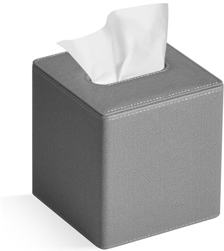 GOLRANLYE Tissue Box Cover Square PU Leather Facial Tissue Box Holder for Dresser Bathroom Decor (Linen Grey)