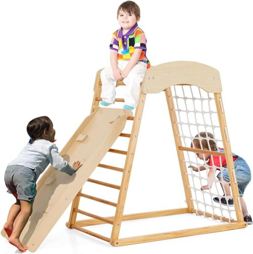 Climbing Frame for Toddlers, 6 in 1 Wooden Indoor Climbing Pikler Triangle Set with with Double Sided Ramp, Monkey Bars Climbing Net, Baby Montessori Playground Jungle Gym Climber Toys (Natural)