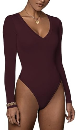 Body básico de tanga con cuello en V y manga larga for mujer, elástico, moldeador de cuerpo, trajes de cuerpo, camisetas (Color : Red, Size : M)