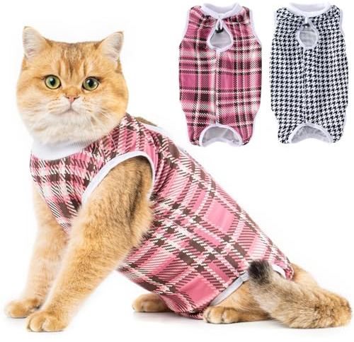 Avont 2-pack återhämtningsdräkt för katt – kattunge onesie för katter efter kirurgi, kirurgisk spay återhämtningsdräkt kvinna för magsår eller hudsjukdomar skydd – svart/rosa pläd(S)